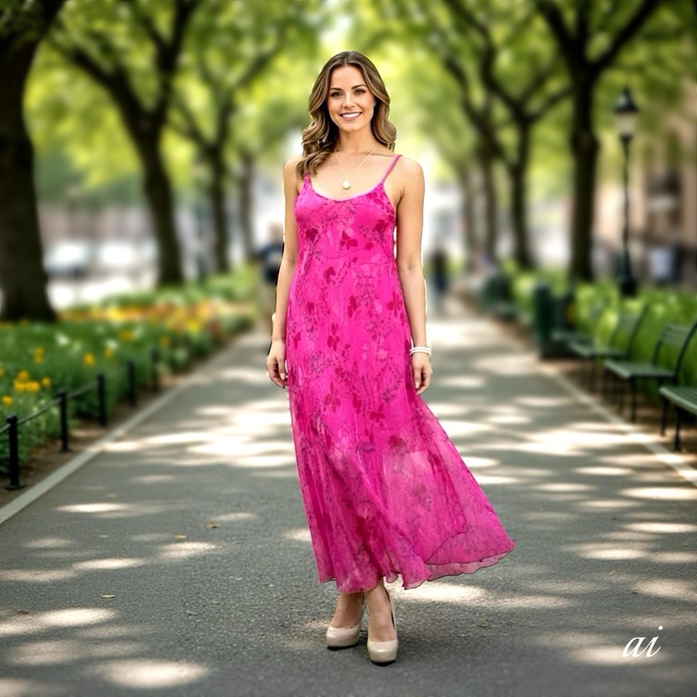 Gigi Moda GIARDINO MIELE Silk Blend Pink Spaghetti Strap Maxi Sundress